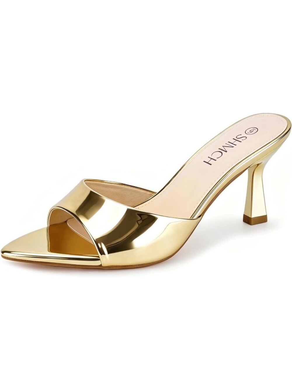 Women’s Gold Pointed Toe Mule Sandals Heels Slip On Open Toe Kitten Heels
